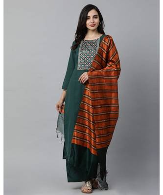 Indo Era Green Solid Straight Kurta Palazzo with Dupatta Set 4