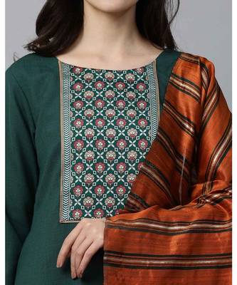 Indo Era Green Solid Straight Kurta Palazzo with Dupatta Set 5