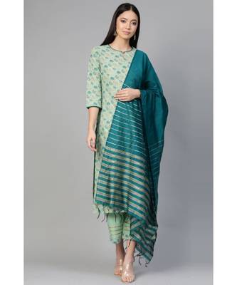Indo Era Sea Green Foil Floral Printed Straight Kurta Palazzo with Dupatta Set 1