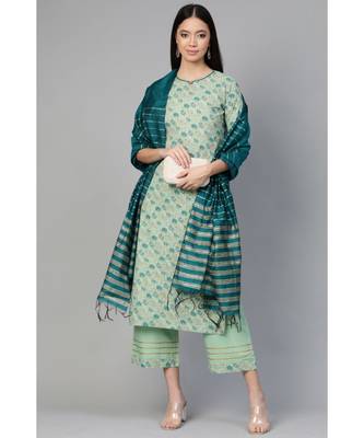 Indo Era Sea Green Foil Floral Printed Straight Kurta Palazzo with Dupatta Set 2