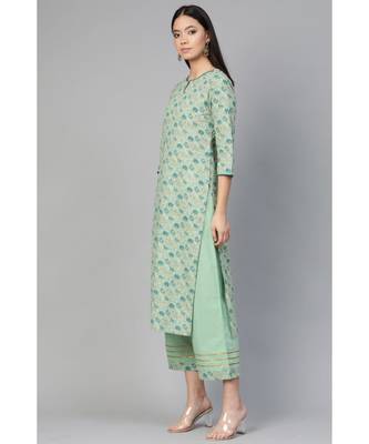 Indo Era Sea Green Foil Floral Printed Straight Kurta Palazzo with Dupatta Set 3