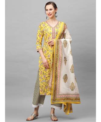 Indo Era Yellow Floral Printed Straight kurta Palazzo With Dupatta Sets 1