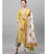 Indo Era Yellow Floral Printed Straight kurta Palazzo With Dupatta Sets