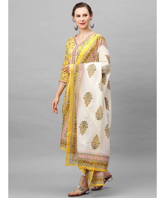 Indo Era Yellow Floral Printed Straight kurta Palazzo With Dupatta Sets 2