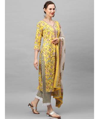 Indo Era Yellow Floral Printed Straight kurta Palazzo With Dupatta Sets 3