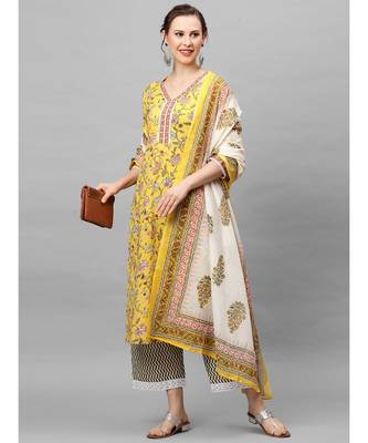 Indo Era Yellow Floral Printed Straight kurta Palazzo With Dupatta Sets 4