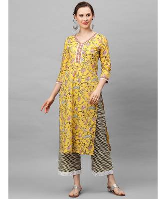 Indo Era Yellow Floral Printed Straight kurta Palazzo With Dupatta Sets 5