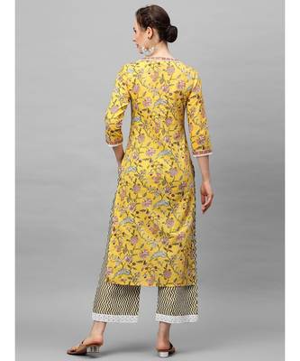 Indo Era Yellow Floral Printed Straight kurta Palazzo With Dupatta Sets 6