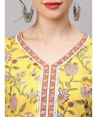 Indo Era Yellow Floral Printed Straight kurta Palazzo With Dupatta Sets 7