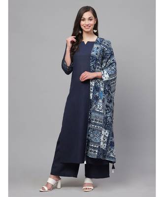 Indo Era Navy Blue Solid Straight Kurta with Palazzo Dupatta Set 1