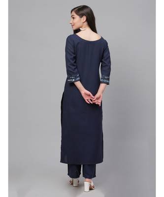Indo Era Navy Blue Solid Straight Kurta with Palazzo Dupatta Set 2