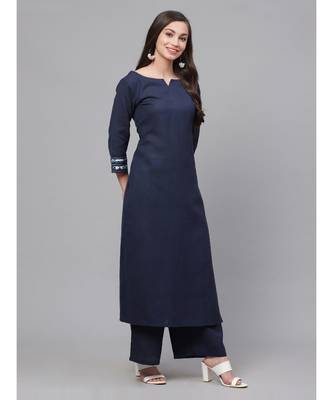 Indo Era Navy Blue Solid Straight Kurta with Palazzo Dupatta Set 3