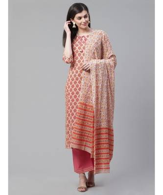 Indo Era Pink Floral Printed Straight Kurta Palazzo with Dupatta Set 1