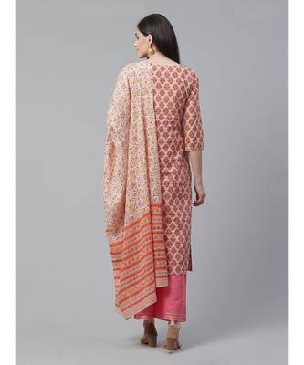 Indo Era Pink Floral Printed Straight Kurta Palazzo with Dupatta Set 2