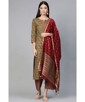 Indo Era Green Foil Floral Printed Straight Kurta Palazzo with Dupatta Set 1