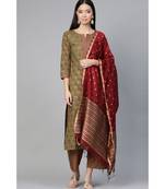 Indo Era Green Foil Floral Printed Straight Kurta Palazzo with Dupatta Set