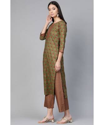 Indo Era Green Foil Floral Printed Straight Kurta Palazzo with Dupatta Set 2