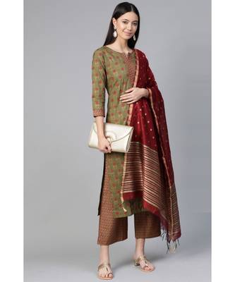 Indo Era Green Foil Floral Printed Straight Kurta Palazzo with Dupatta Set 3