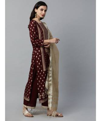 Indo Era Maroon Foil Printed Straight Kurta with Palazzo Set 2