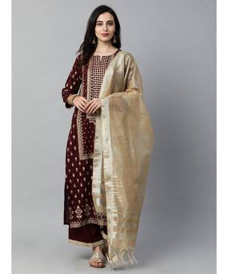 Indo Era Maroon Foil Printed Straight Kurta with Palazzo Set 4