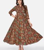Vbuyz Women's Floral Print & Embroidered Anarkali Cotton Brown Kurta