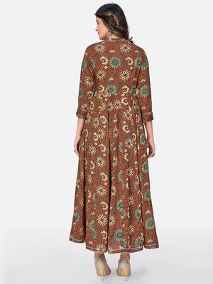 Vbuyz Women's Floral Print & Embroidered Anarkali Cotton Brown Kurta 2
