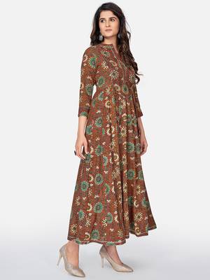 Vbuyz Women's Floral Print & Embroidered Anarkali Cotton Brown Kurta 3