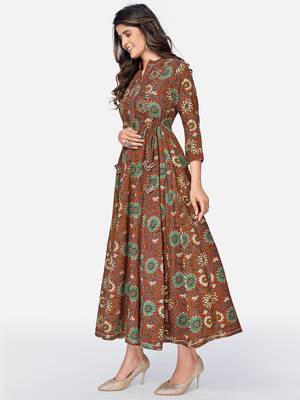 Vbuyz Women's Floral Print & Embroidered Anarkali Cotton Brown Kurta 4