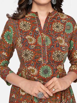 Vbuyz Women's Floral Print & Embroidered Anarkali Cotton Brown Kurta 5