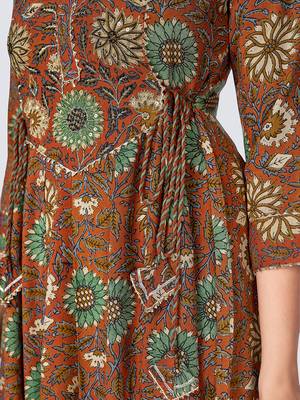 Vbuyz Women's Floral Print & Embroidered Anarkali Cotton Brown Kurta 6