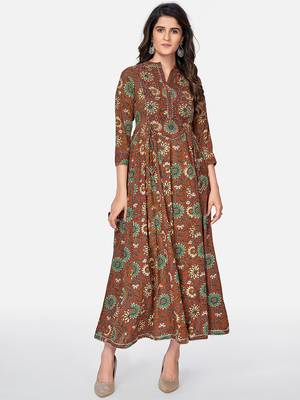 Vbuyz Women's Floral Print & Embroidered Anarkali Cotton Brown Kurta 7