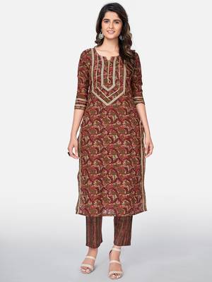 Vbuyz Women's Printed & Pitan work Straight Cotton Brown Kurta With Pant 1