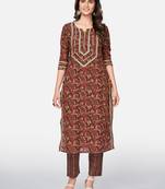 Vbuyz Women's Printed & Pitan work Straight Cotton Brown Kurta With Pant