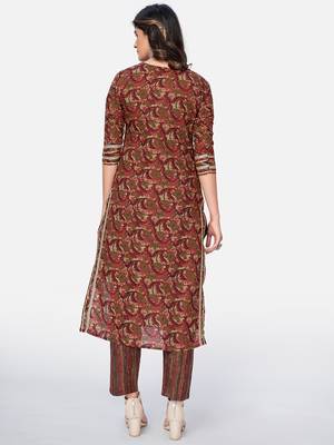 Vbuyz Women's Printed & Pitan work Straight Cotton Brown Kurta With Pant 2