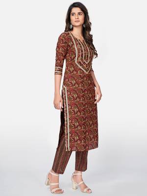 Vbuyz Women's Printed & Pitan work Straight Cotton Brown Kurta With Pant 3