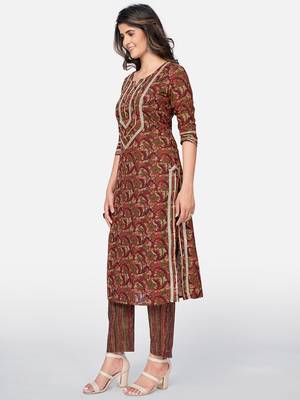 Vbuyz Women's Printed & Pitan work Straight Cotton Brown Kurta With Pant 4