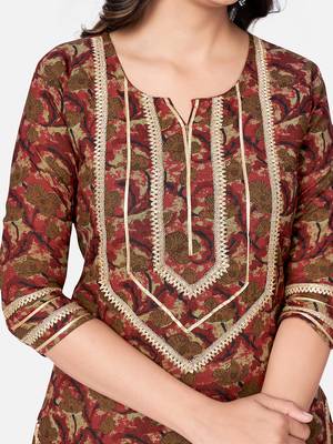 Vbuyz Women's Printed & Pitan work Straight Cotton Brown Kurta With Pant 5