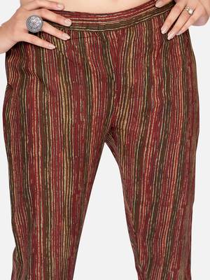 Vbuyz Women's Printed & Pitan work Straight Cotton Brown Kurta With Pant 6