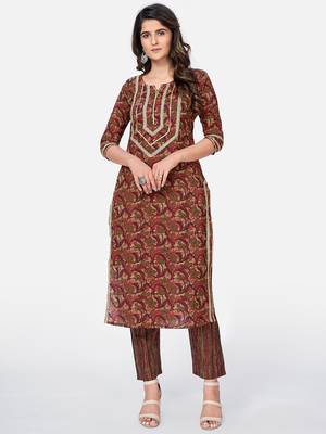 Vbuyz Women's Printed & Pitan work Straight Cotton Brown Kurta With Pant 7
