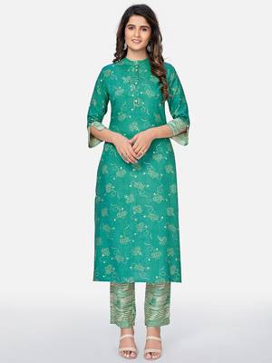 Vbuyz Women's Printed Straight Rayon Aqua Kurta With Pant 1