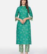 Vbuyz Women's Printed Straight Rayon Aqua Kurta With Pant