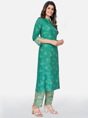 Vbuyz Women's Printed Straight Rayon Aqua Kurta With Pant 3