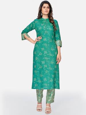 Vbuyz Women's Printed Straight Rayon Aqua Kurta With Pant 7