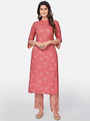Vbuyz Women's Printed Straight Rayon Pink Kurta With Pant 1