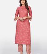 Vbuyz Women's Printed Straight Rayon Pink Kurta With Pant
