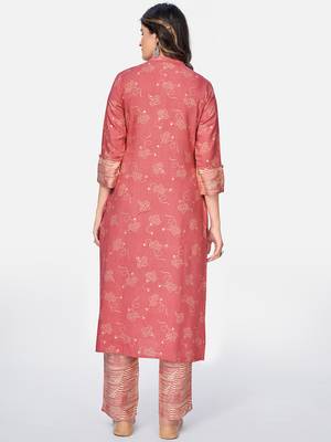Vbuyz Women's Printed Straight Rayon Pink Kurta With Pant 2