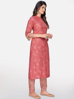 Vbuyz Women's Printed Straight Rayon Pink Kurta With Pant 3