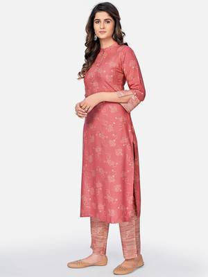 Vbuyz Women's Printed Straight Rayon Pink Kurta With Pant 4