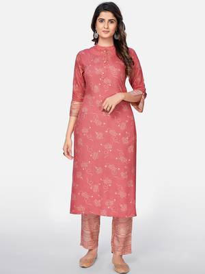 Vbuyz Women's Printed Straight Rayon Pink Kurta With Pant 7