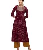 FIORRA Maroon Printed Muslin Silk Flared Long Kurtis